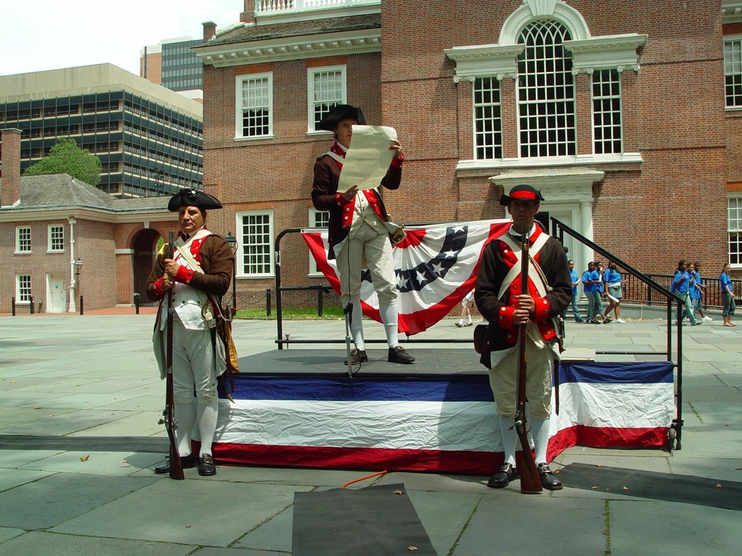 Rangers from Independence National Historical Park re-enact the first public reading of the Declaration of Independence by Colonel John Nixon.